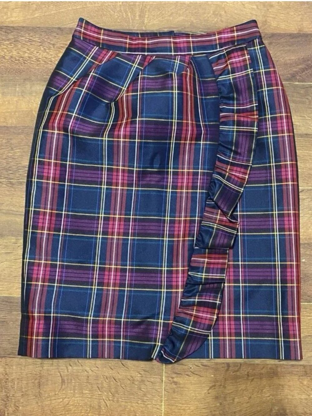 Kate Spade Navy Plaid Ruffle Front Midi Skirt Sz 6